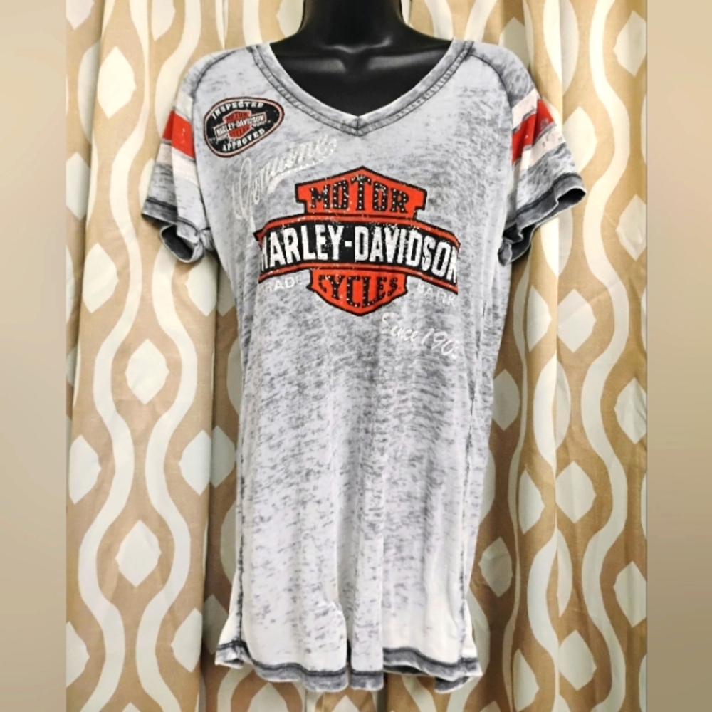 Harley-Davidson Gray and Orange Short Sleeve Blinged Out Rhinestone Tee